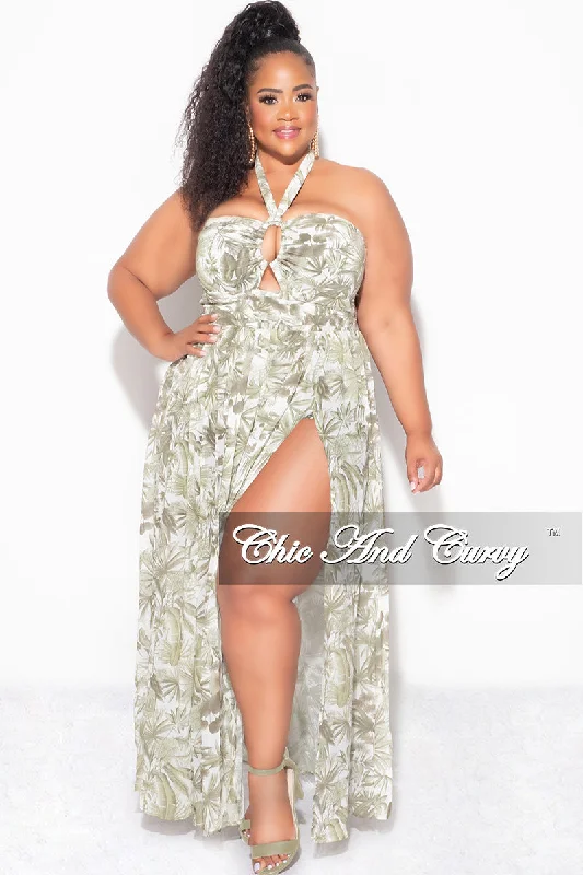 satin swimsuitFinal Sale Plus Size Halter Chiffon Maxi Dress with Slits in Olive Palm Print