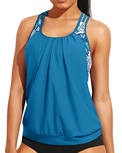 swimsuit for divingLadies Double Layer Round Neck Tankini Top Sporty Bathing Suit Top-Blue Leaf