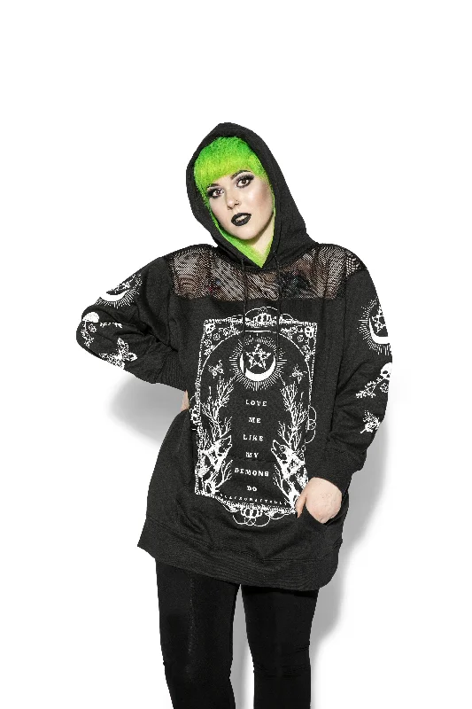 women's hooded tops for athletic wearLove Me Like My Demons Do - Oversized Mesh Hoodie