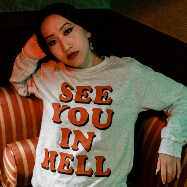 women's hooded tops with sleeveless designs'See You In Hell' Sweatshirt