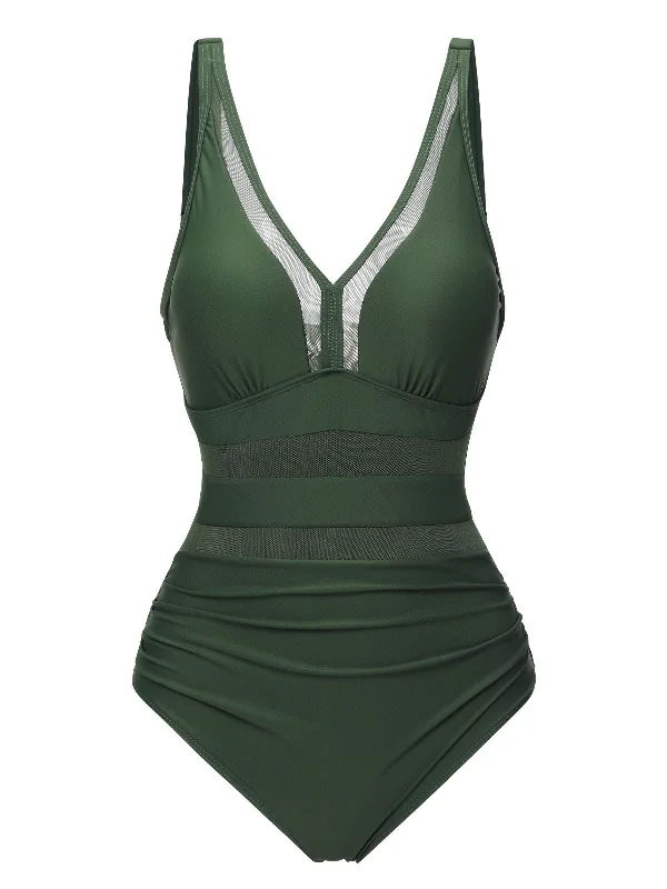 swimsuit for mermaid performancesGreen 1950s Solid V-Neck Lace Patchwork Swimsuit