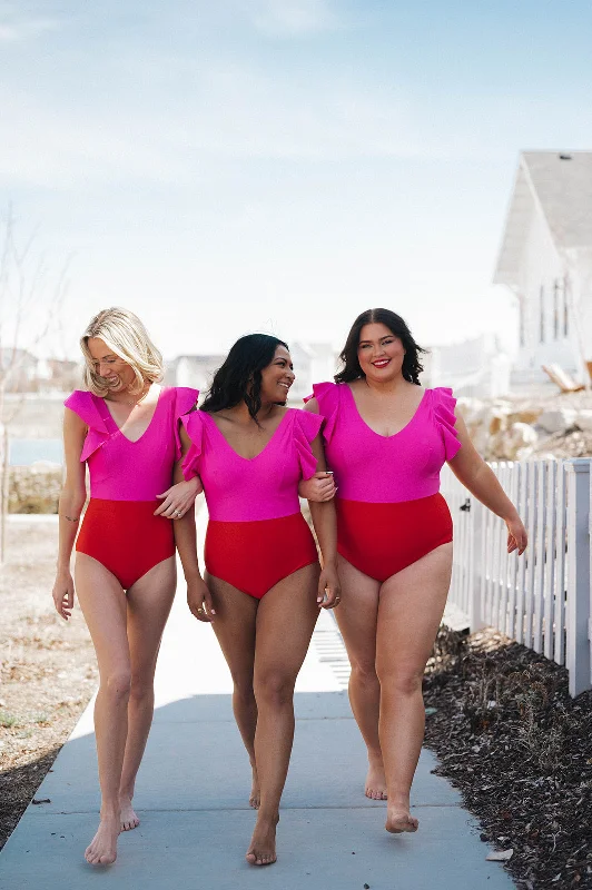 satin swimsuitOcean One Piece | Neon Pink & Poppy Red