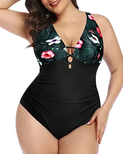 swimsuit for divingHigh Waisted Line Plus Size Ruched One Piece Swimsuit-Black Floral