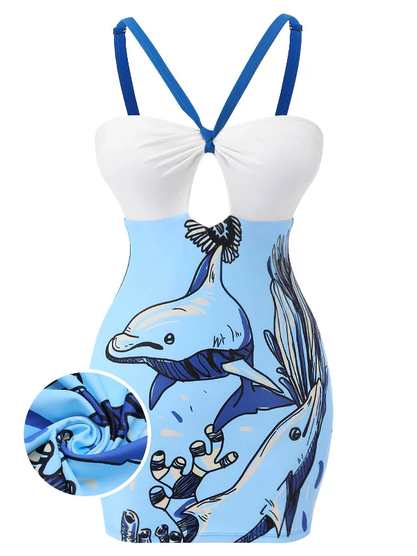 swimsuit for photo shootsBlue 1940s Dolphin Halter One-piece Swimsuit