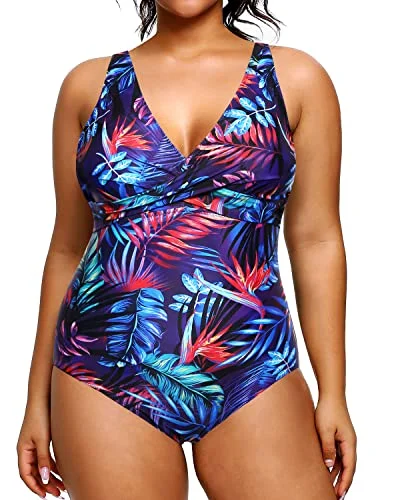 polyester swimsuitTwist Front Cross Plus Size Swimsuit For Women Slimming Bathing Suit-Blue Leaves