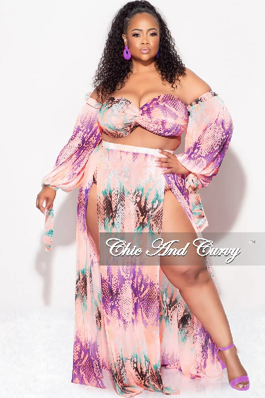 low-cut swimsuitFinal Sale Plus Size 3pc Playsuit Set in Pink Multi-Color Snake Print