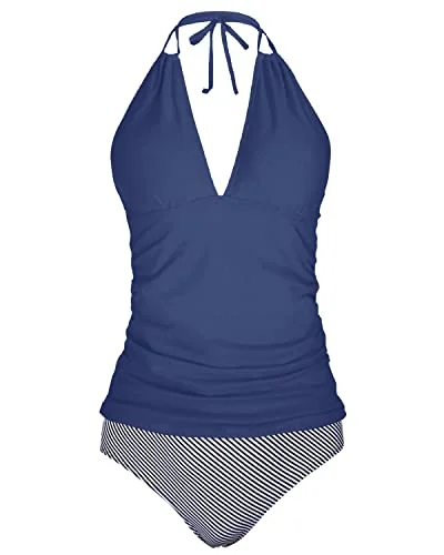 classic swimsuitRuched Bathing Suit Tankini Swimsuits Slim Down Body Shape-Blue White Stripe