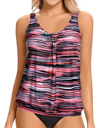 classic swimsuitSwim Top Blouson Tankini Top No Bottom Loose Fit-Pink Stripe