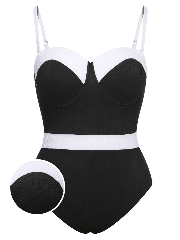 spandex swimsuit[Plus Size] Black & White 1950s Patchwork Strap Swimsuit