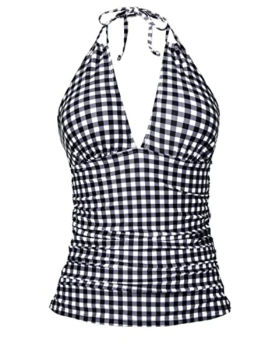 tankini swimsuitBackless Open Back Halter Top Swimsuits For Women-Black And White Checkered