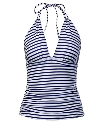 solid-color swimsuitHalter Tankini Top No Bottom V Neck Swim Top Tummy Control Bathing Suit Top-Blue And White Stripes