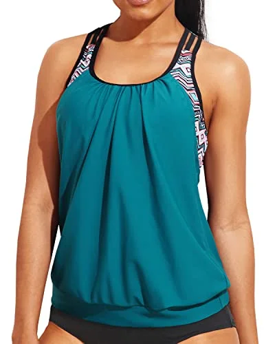 swimsuit with a vintage charmLadies Blouson Tankini Top Double Up Swim Top Sporty Bathing Suit Top-Green Geometric