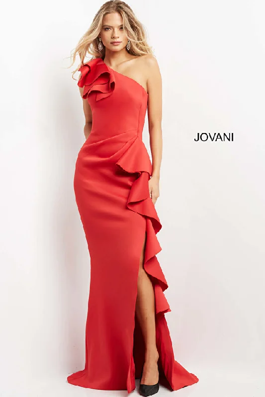 Halter dresses for womenJovani 06603 One Shoulder Ruffle Trim High Slit Formal Dress