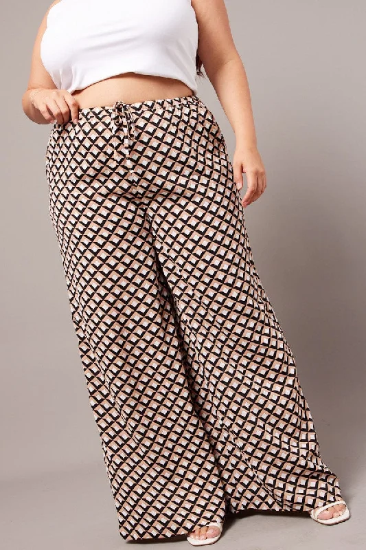 Cocktail party women's dressesBrown Geo Wide Leg Pants High Rise