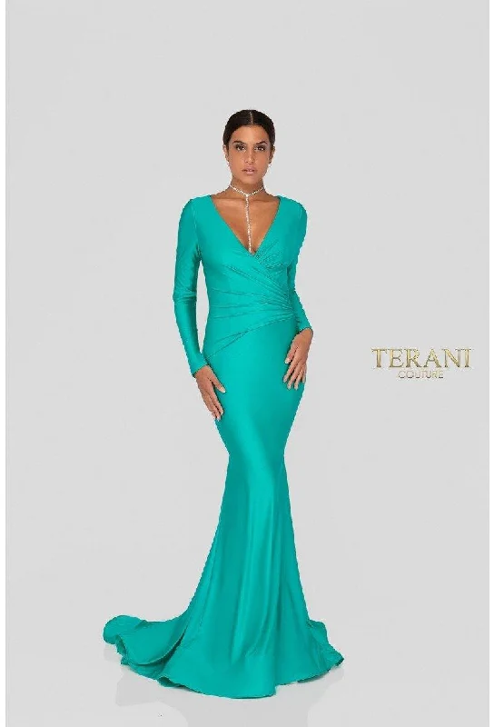 Plunging neckline dresses for womenTerani Couture 1912P8281 Long Mermaid Prom Gown