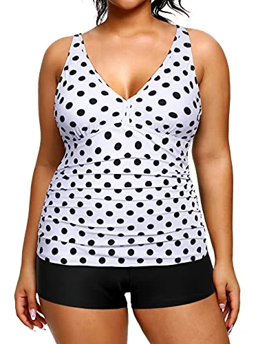 flattering swimsuitTwo Piece Deep V Neck Plus Size Swimsuits Shorts Tummy Control Tankini-Black Dot