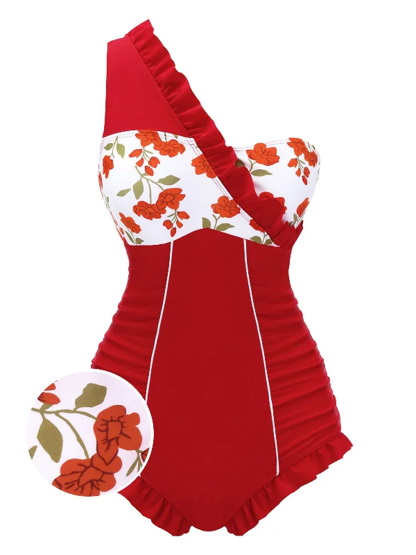 swimsuit with adjustable straps1950s One-shoulder Ruffle One-piece Swimsuit