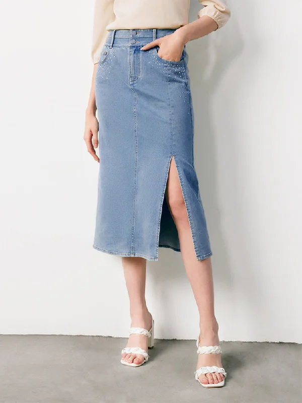 Midi women's skirtsBlue High Waist Slit Midi Denim Skirt