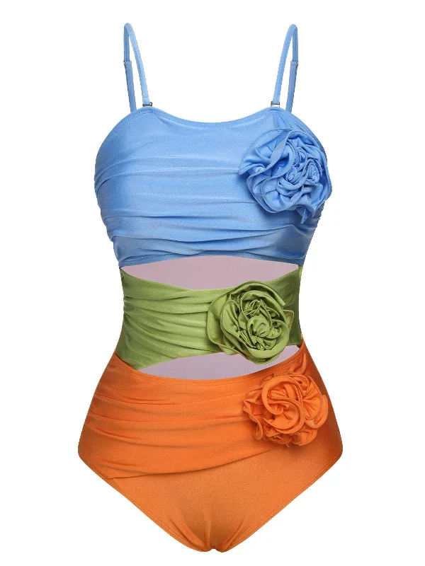 low-cut swimsuit1930s Spaghetti Strap Contrast 3D Flower One-Piece Swimsuit