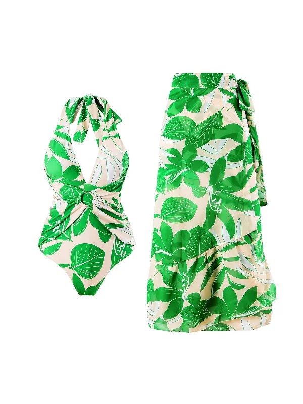 nylon swimsuit2PCS Green 1960s Plant Prints Halter Swimsuit & Long Cover-Up