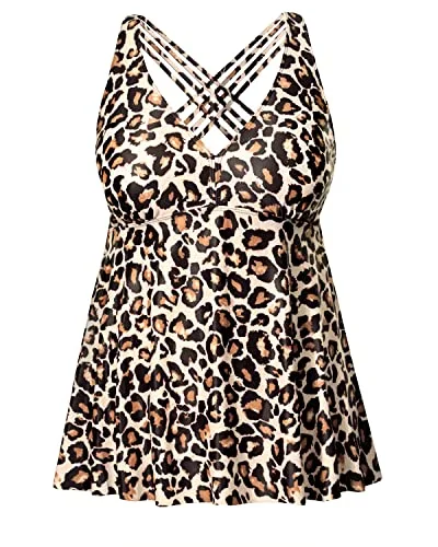 cut-out swimsuitPlus Size Flowy Swimming Top Criss Cross Strappy Back Bathing Suit Top-Leopard