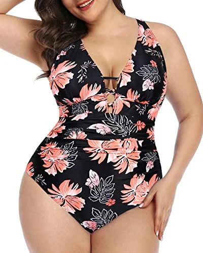 floral-print swimsuitCriss Cross Back Plus Size Ruched One Piece Swimsuit-Black Orange Floral