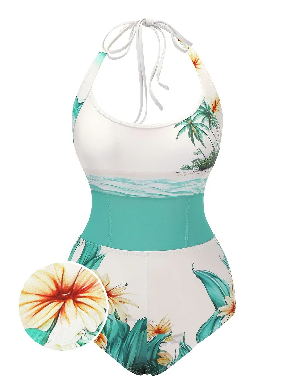 swimsuit for open water swimming1950s Coconut Tree & Beach Patchwork Swimsuit