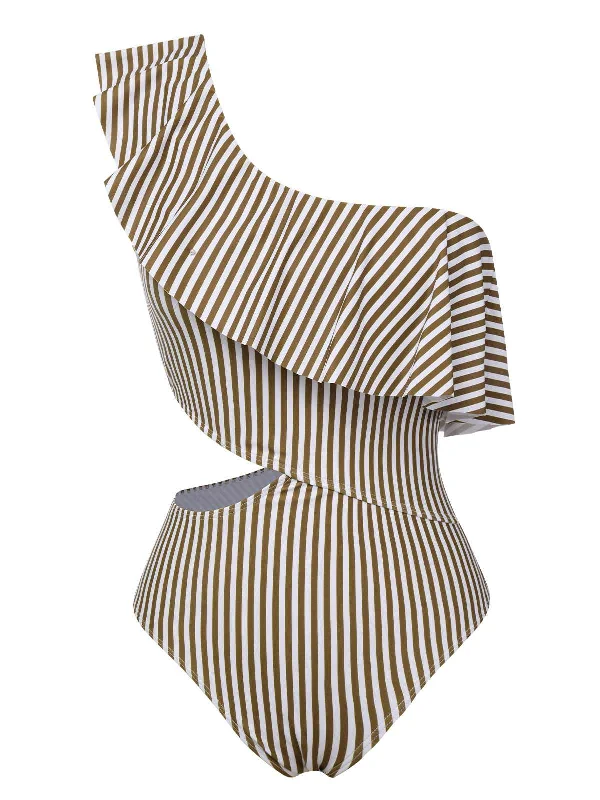 swimsuit with skirt overlay1970s One-Shoulder Stripes Ruffles One-Piece Swimsuit