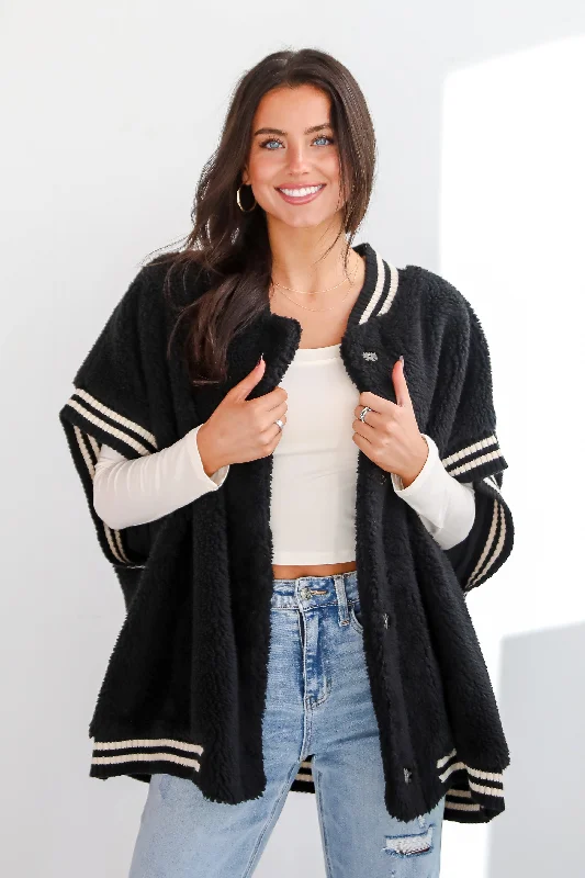 Striped women's sweaterSeasonal Snuggles Black Oversized Sherpa Vest