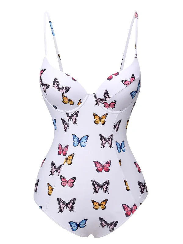 swimsuit with a low-cut backWhite 1970s Butterfly Strap One-Piece Swimsuit