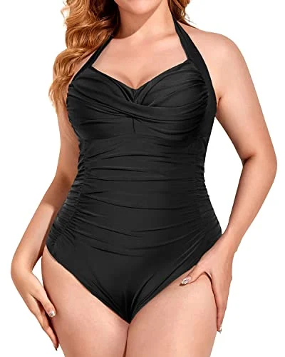 monokini swimsuitOne Piece Tummy Control Swimsuit For Plus Size Women Halter Top-Black