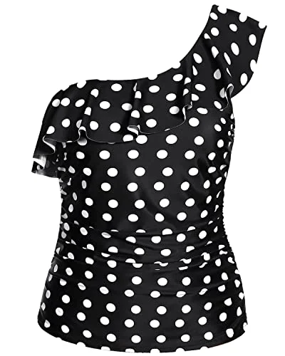 swimsuit with detachable strapsSlimming One Shoulder Tankini Top Front Ruching For Women-Black Dot