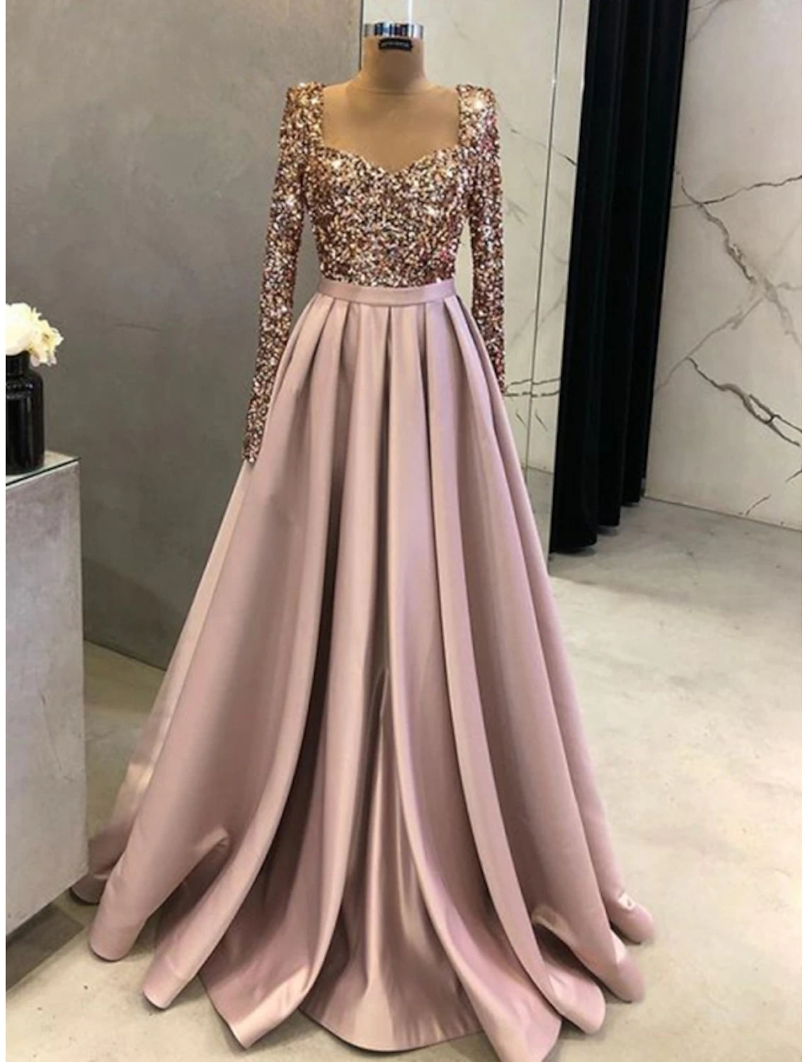 Flutter sleeve dresses for womenA-Line Evening Gown Elegant Dress Formal Fall Sweep / Brush Train Long Sleeve Square Neck Satin with Glitter Pleats