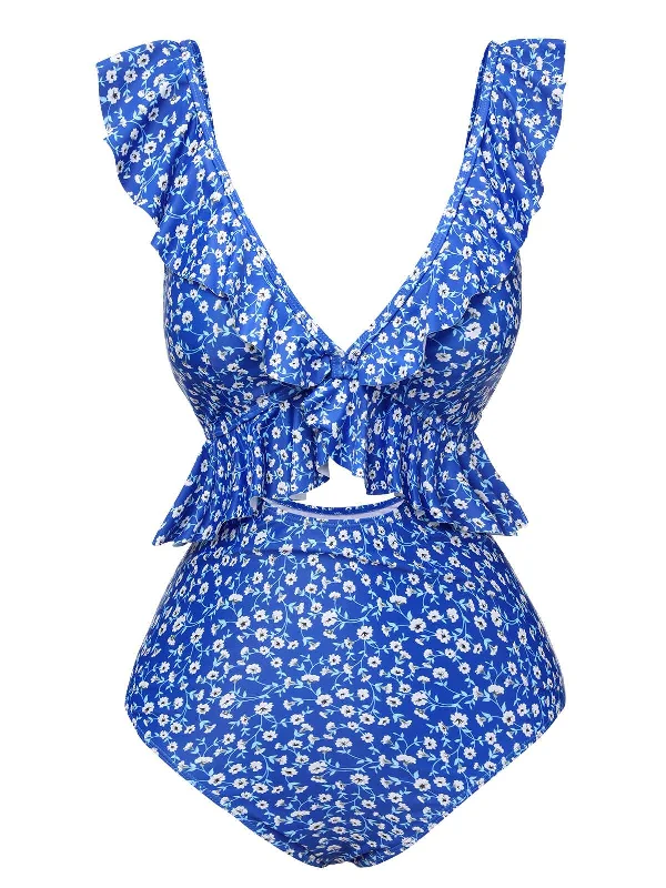 swimsuit for pool partiesBlue 1950s Floral Ruffles One-Piece Swimsuit