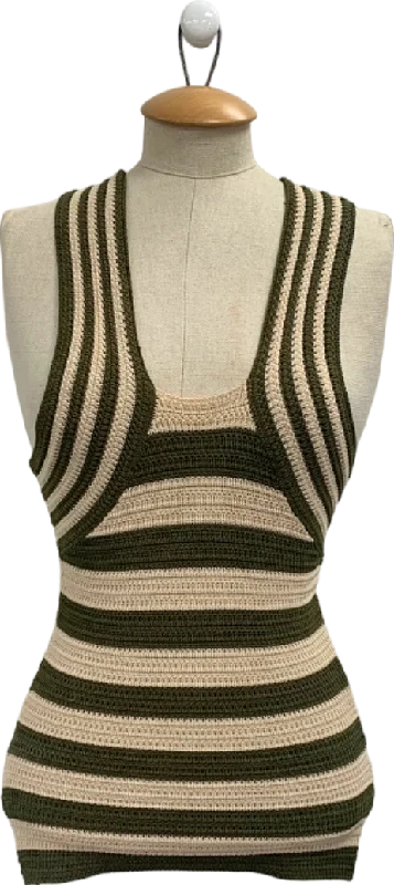 Cozy women's sweaterKaren Millen Olive Stripe Viscose Blend Crochet Knit Cross Front Top XS