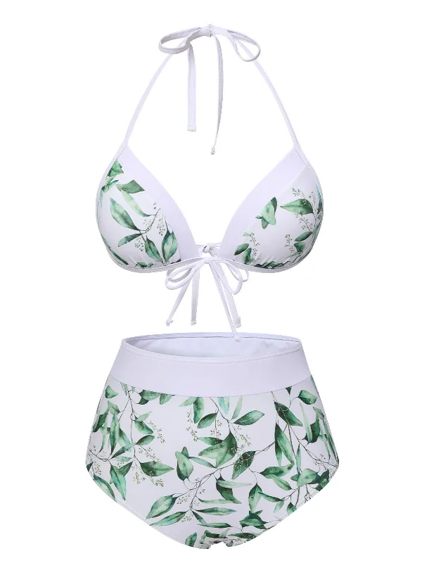 sporty swimsuit3PCS Light Green 1940s Spaghetti Straps Leaves Swimsuit