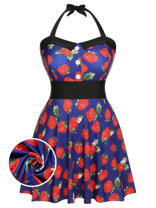 chic swimsuit[Plus Size] Multicolor 1930s Colorblocked Strawberry Halter Swimsuit