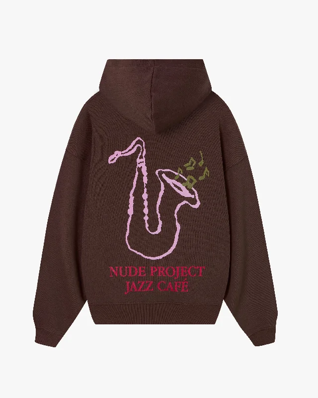 women's hooded jumpers with a faded printJAZZ CAFÉ HOODIE BROWN