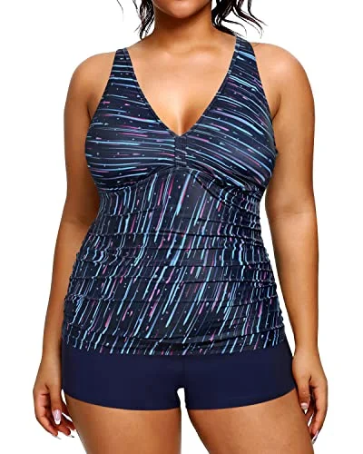 mixed-material swimsuitWomen's Plus Size Tummy Control Tankini Swimsuit Shorts-Navy Blue