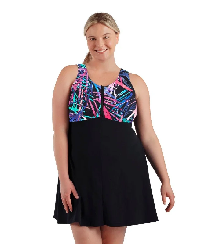 swimsuit with a high waistbandAquaSport Zip Front Swim Dress Sunset Palm Print Black