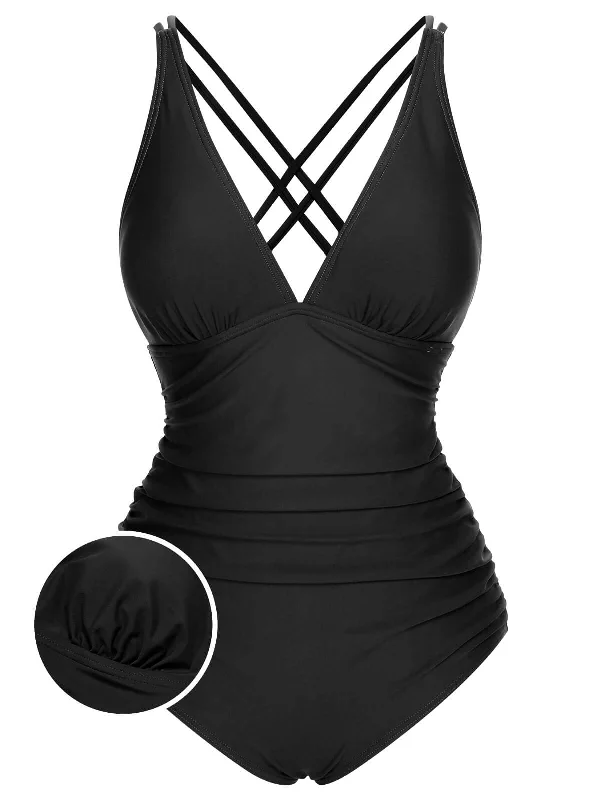 swimsuit for diving1950s Solid V-Neck One-Piece Swimsuit