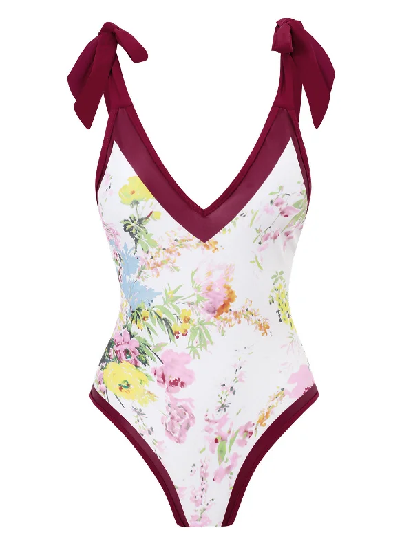 swimsuit with skirt overlay1950s V-Neck Flowers Lacing Swimsuit