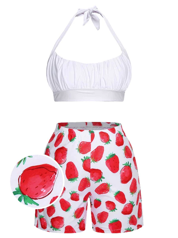 swimsuit with detachable straps[Plus Size] 1930s Halter Strawberry Swimsuit Set