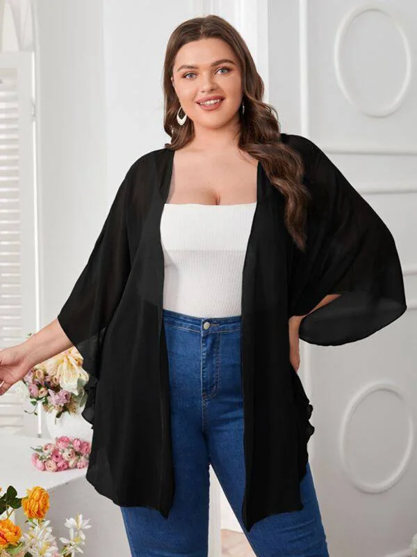 modern swimsuit[Plus Size] Black 1960s Solid Dolman Sleeve Loose Cover Up