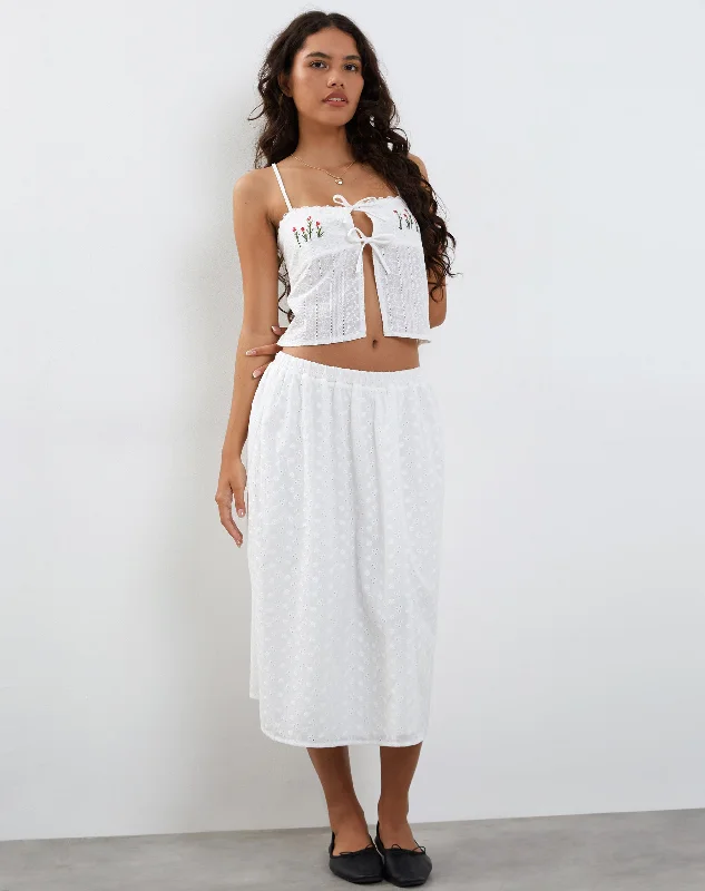 Eco-friendly women's pantsRusma Midi Skirt in White Broderie