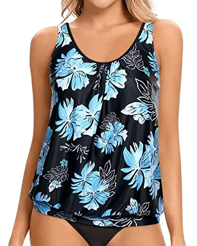 stretchy swimsuitTankini Tops For Women Blouson Style Modest And Athletic-Black Blue Floral