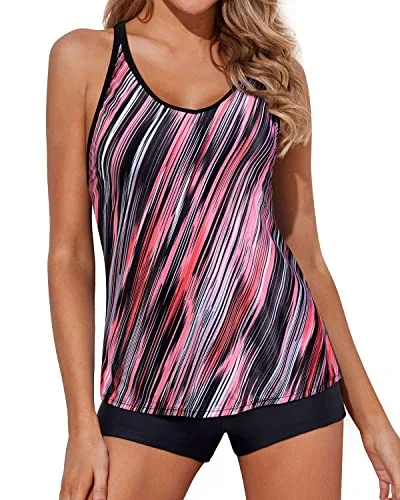 swimsuit with sequins or beadsComfortable Tankini Swimsuits Mid-Waist Shorts For Women-Pink Stripe