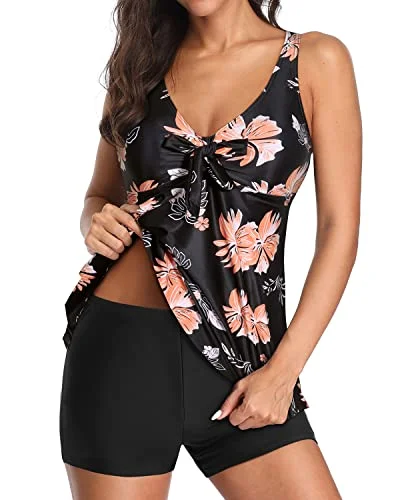 high-performance swimsuitModest Flowy Tankini Bathing Suits V Neck Swim Tops For Women-Black Orange Floral