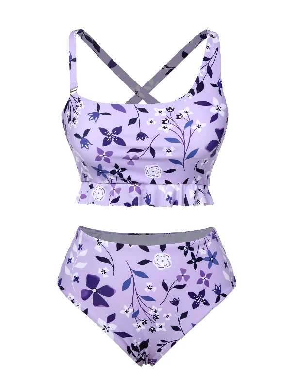 solid-color swimsuitPurple 1930s Floral Irregular Shoulder Straps Swimsuit