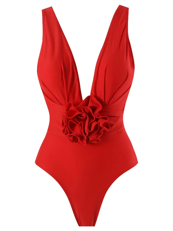 women's swimsuitRed 1960s Solid 3D Flower Backless Swimsuit